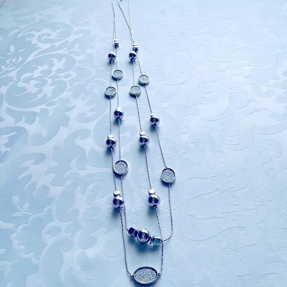 Illusion Double layered Silver 38” sparkling silver druzy Necklace - Picture 2 of 7